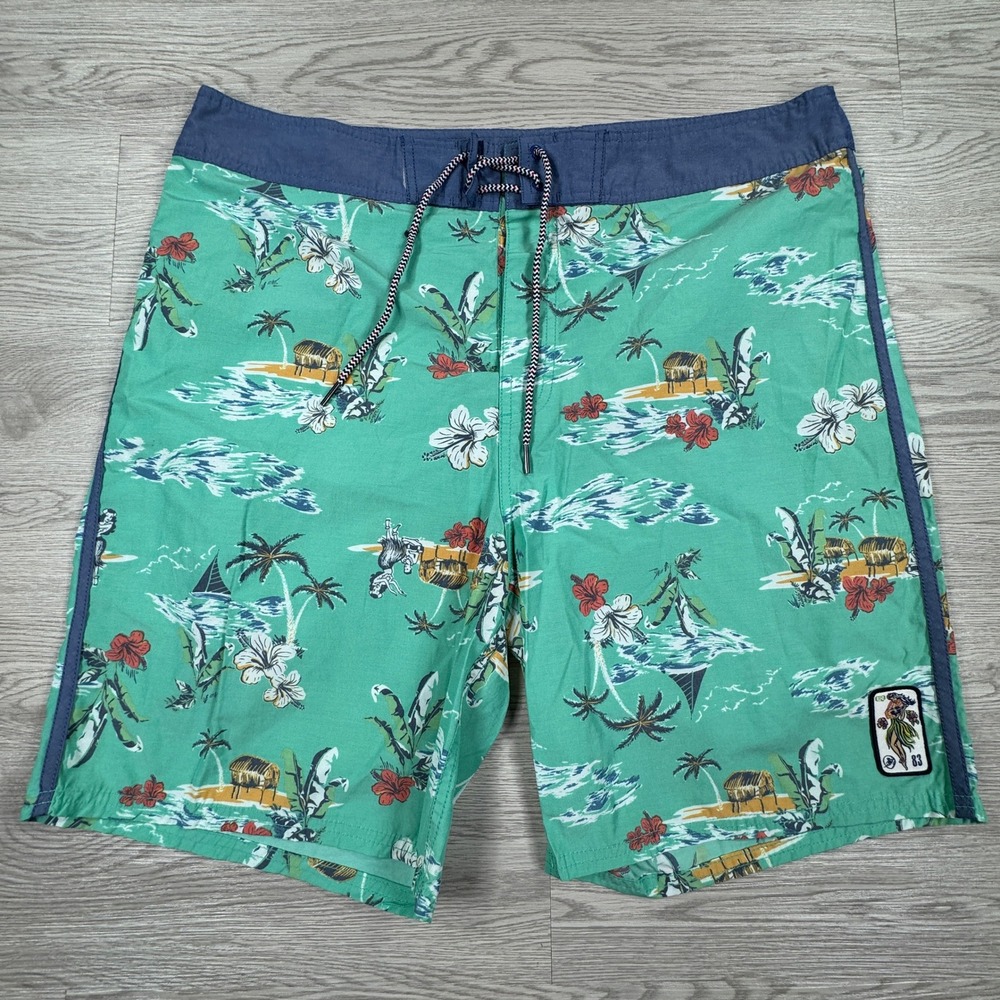 Quiet Storm Mens Board Shorts Hawaiian Tropical Hula Girl Green‎ 38 Swim Trunks